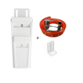 a white plastic object with a red belt around it